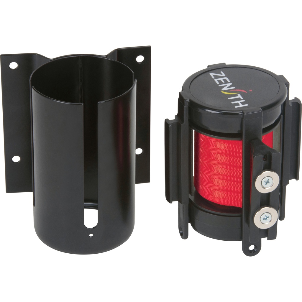 [ZEN-SGR001] Barrière de foule à ruban rétractable magnétique, fixation murale, noir ruban rouge de 7'