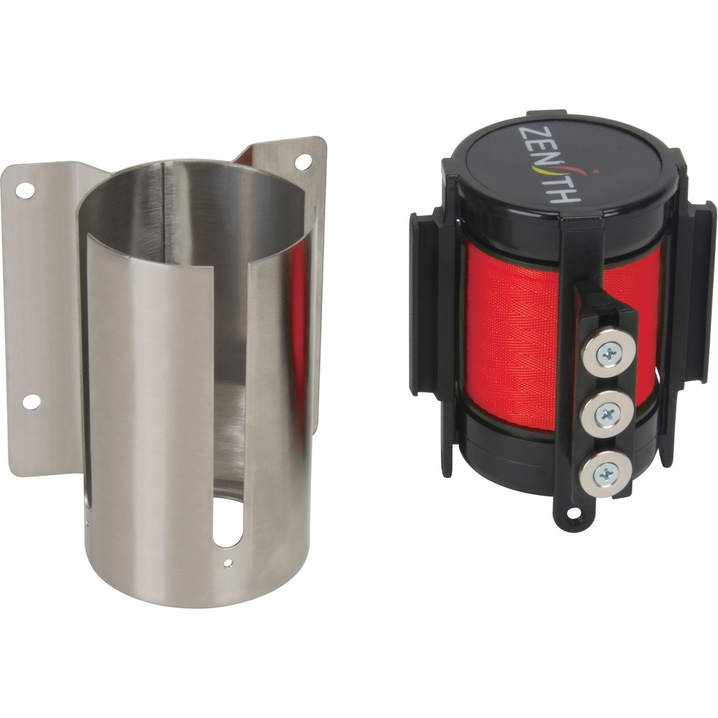 [ZEN-SGR016] Barrière de foule à ruban rétractable magnétique, fixation murale, acier inoxydable ruban rouge de 12'