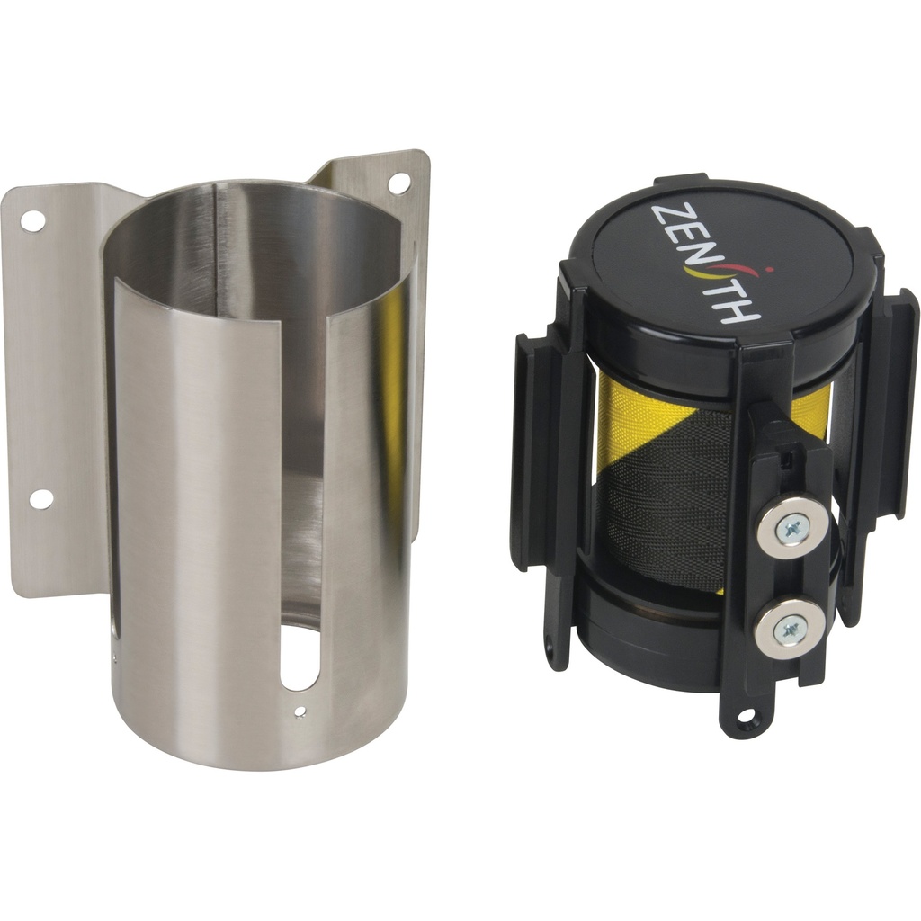 [ZEN-SGR017] Barrière de foule à ruban rétractable magnétique, fixation murale, acier inoxydable ruban noir et jaune de 7'