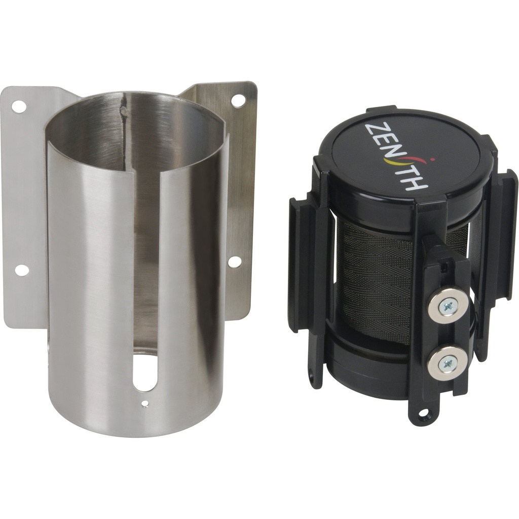 [ZEN-SGR018] Barrière de foule à ruban rétractable magnétique, fixation murale, acier inoxydable ruban noir de 7'