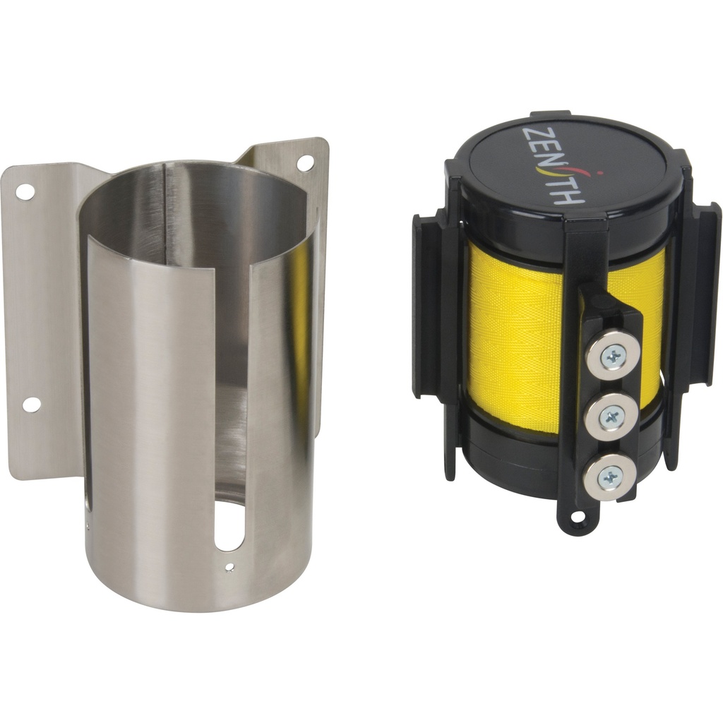 [ZEN-SGR019] Barrière de foule à ruban rétractable magnétique, fixation murale, acier inoxydable ruban jaune de 12'