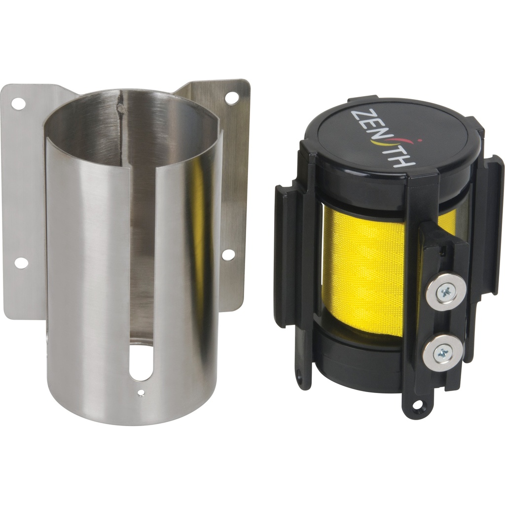 [ZEN-SGR020] Barrière de foule à ruban rétractable magnétique, fixation murale, acier inoxydable ruban jaune de 7'