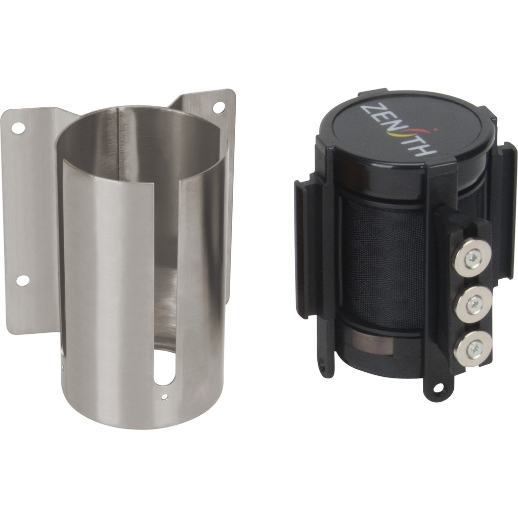 [ZEN-SGR022] Barrière de foule à ruban rétractable magnétique, fixation murale, acier inoxydable ruban noir de 12'