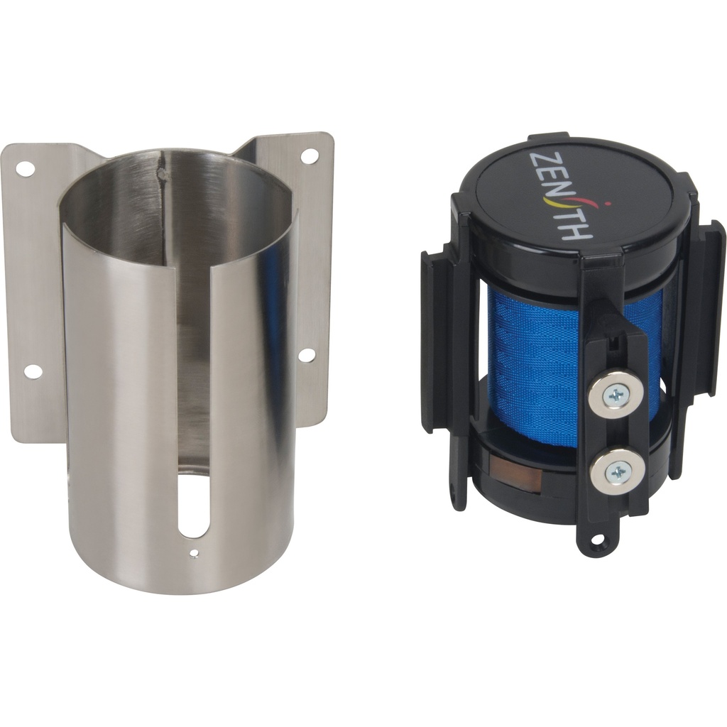[ZEN-SGR025] Barrière de foule à ruban rétractable magnétique, fixation murale, acier inoxydable ruban bleu de 7'