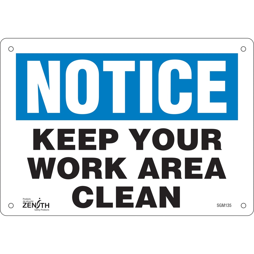 [ZEN-SGM135] Enseigne «Keep Your Work Area Clean» Aluminium 10" x 7"