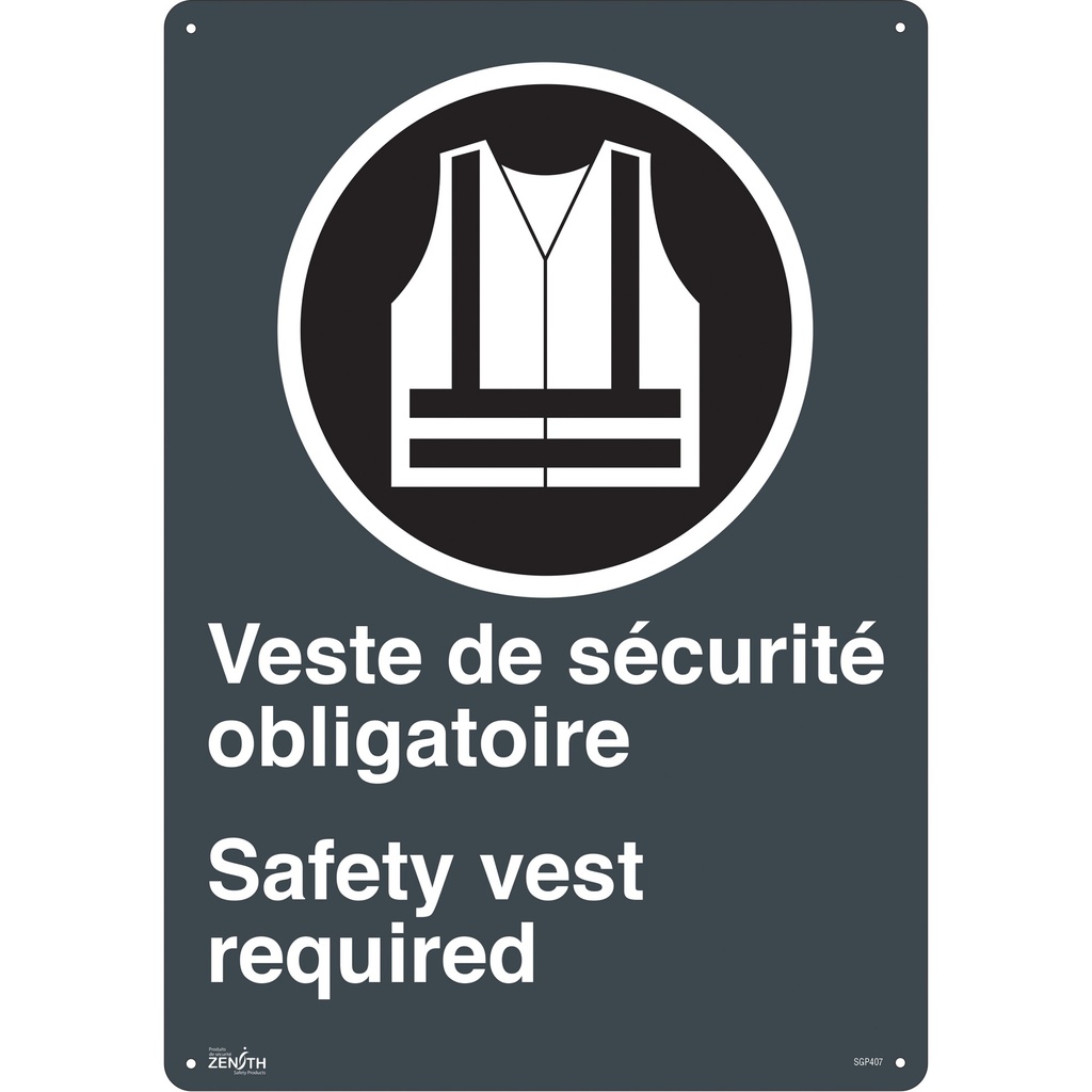 [ZEN-SGP407] Enseigne «Port du dossard obligatoire/Safety Vest Required» Aluminium 14" x 20"