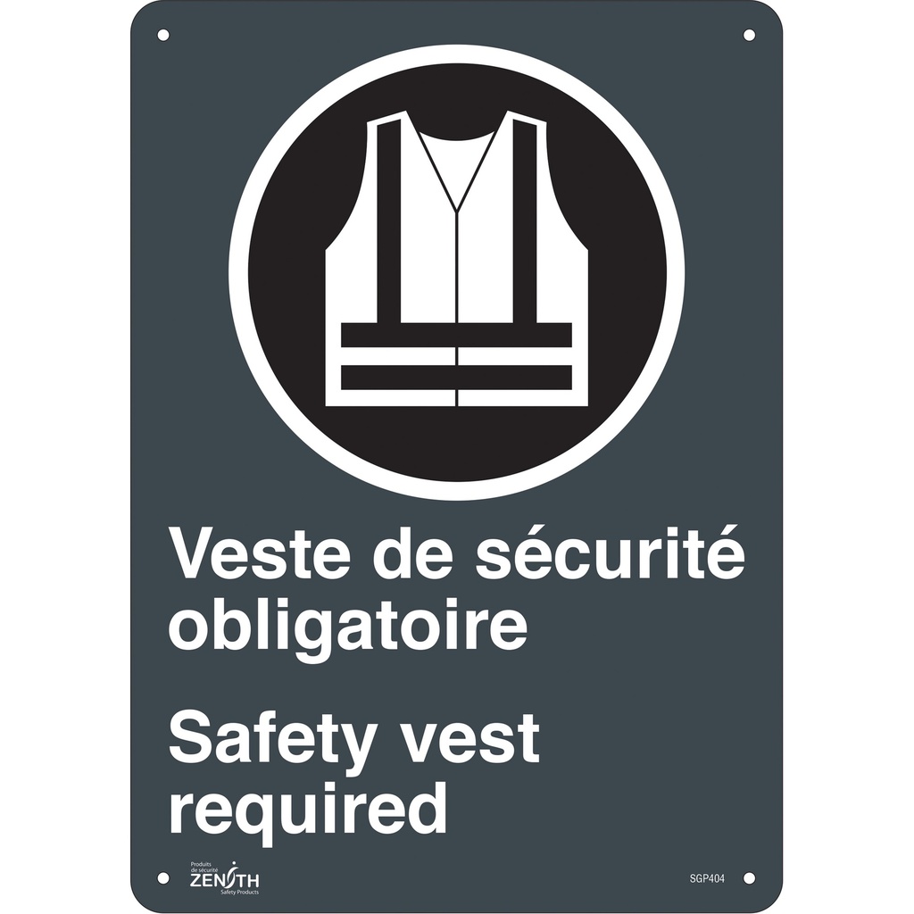[ZEN-SGP404] Enseigne «Port du dossard obligatoire/Safety Vest Required» Plastique 10" x 14"