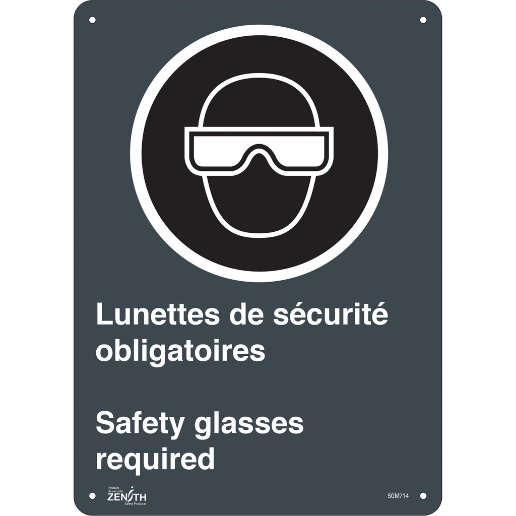 [ZEN-SGM714] Enseigne «Safety Glasses Required/Lunettes de sécurité obligatoires» Aluminium 10" x 14"
