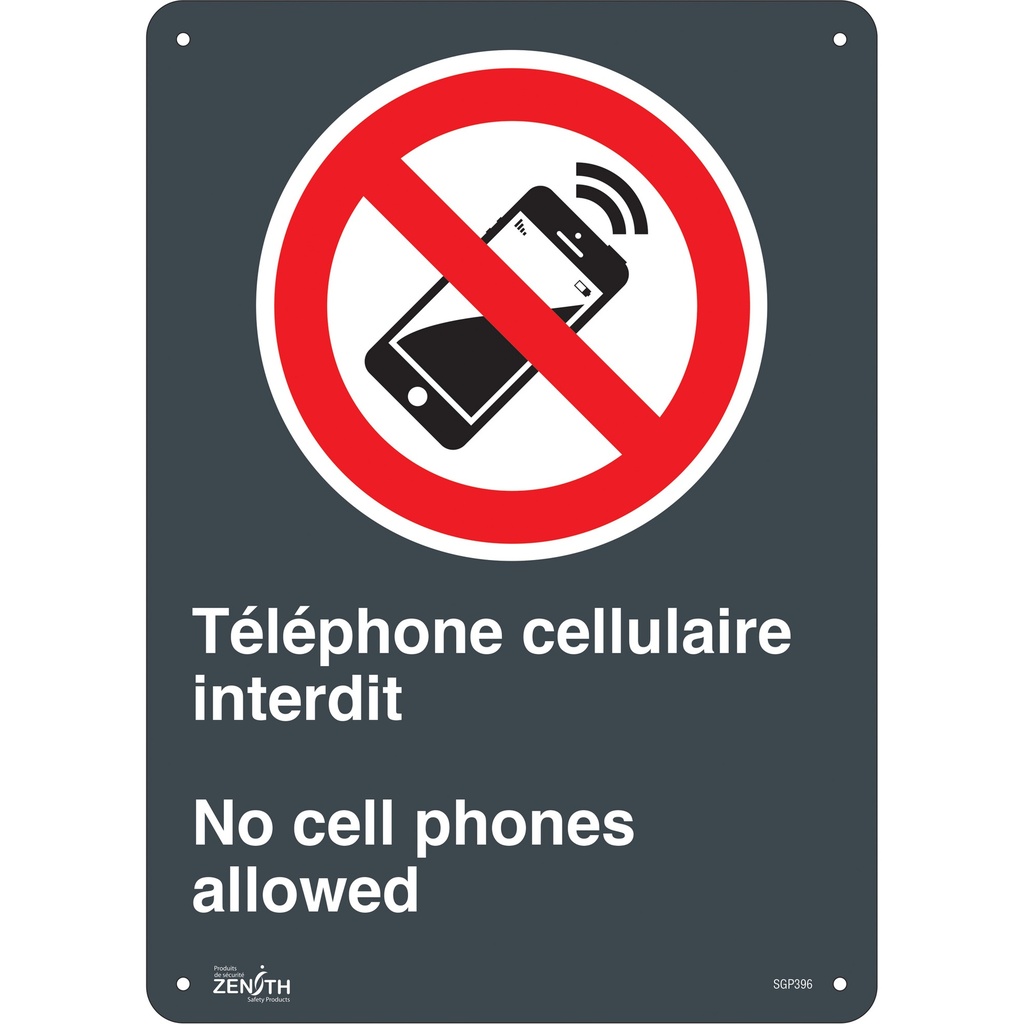 [ZEN-SGP396] Enseigne «Téléphone cellulaire interdit /No Cell Phones» Plastique 10" x 14"
