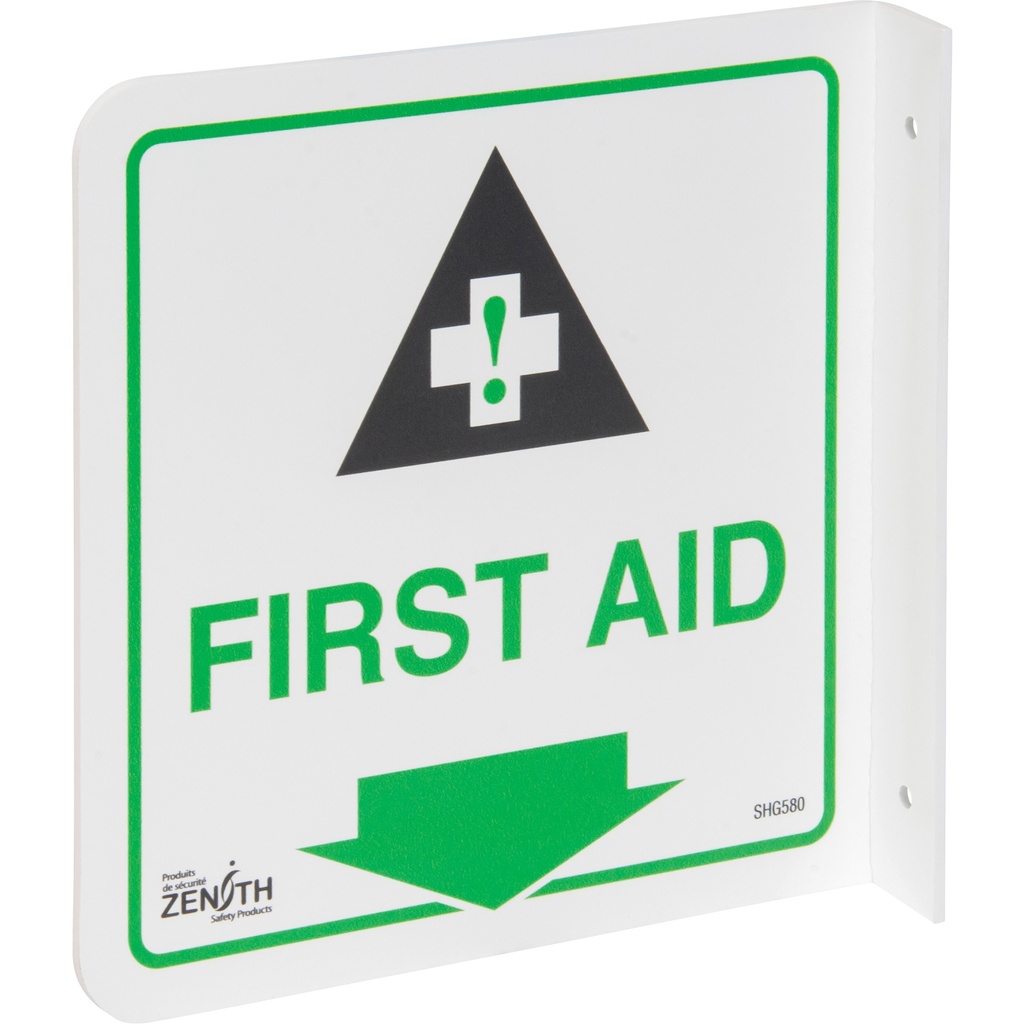 [ZEN-SHG580] Enseigne à projection sur 90° « First Aid » Plastique 8" x 8"