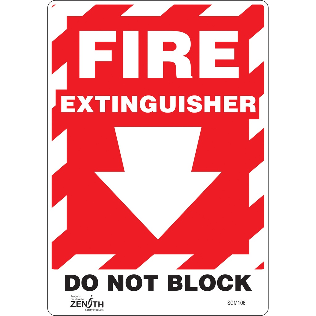 [ZEN-SGM106] Enseigne avec flèche vers le bas «Fire Extinguisher Do Not Block» Vinyle 7" x 10"