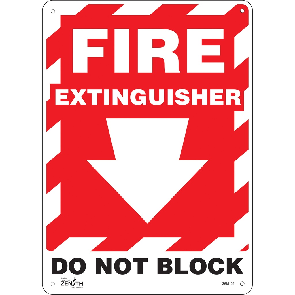 [ZEN-SGM109] Enseigne avec flèche vers le bas «Fire Extinguisher Do Not Block» Vinyle 10" x 14"