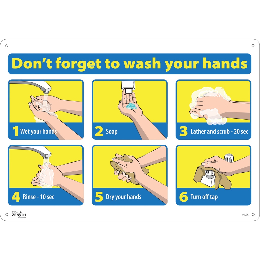 [ZEN-SGU303] Enseigne avec pictogramme "Don't Forget to Wash Your Hands" Aluminium 20" x 14"