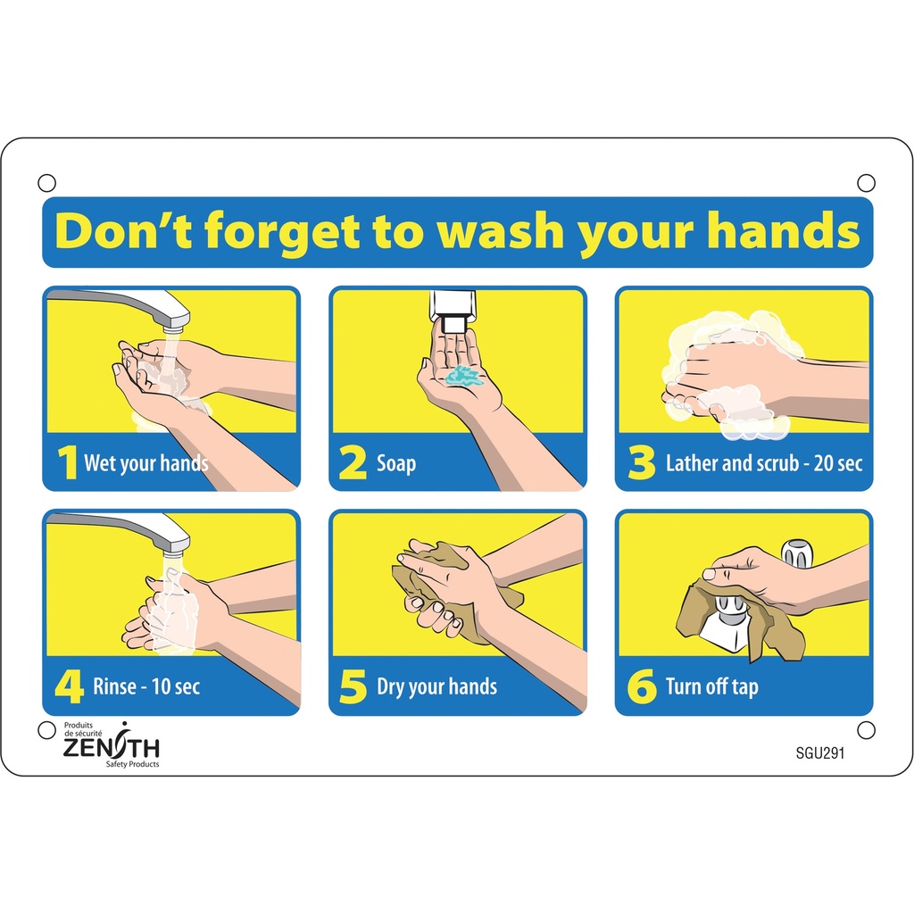 [ZEN-SGU291] Enseigne avec pictogramme "Don't Forget to Wash Your Hands" Plastique 10" x 7"
