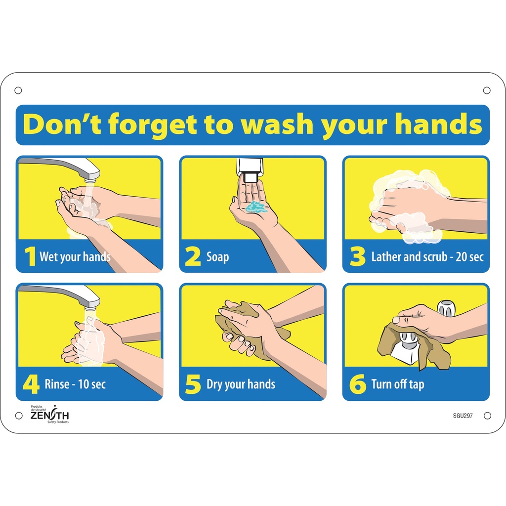 [ZEN-SGU297] Enseigne avec pictogramme "Don't Forget to Wash Your Hands" Plastique 14" x 10"