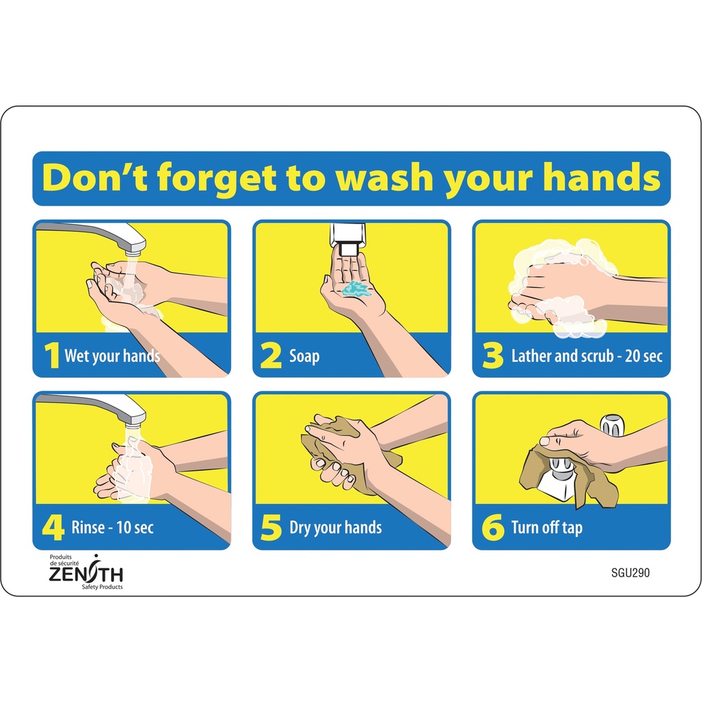 [ZEN-SGU290] Enseigne avec pictogramme "Don't Forget to Wash Your Hands" Vinyle 10" x 7"