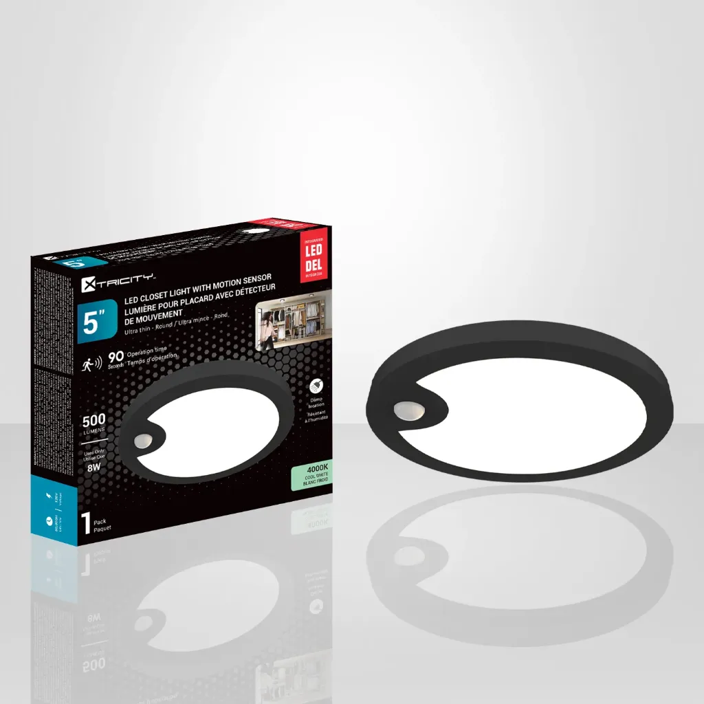[XTR-4-80154] Plafonnier DEL pour garde-robe avec détecteur de mouvement rond 5" 8W , fini noir