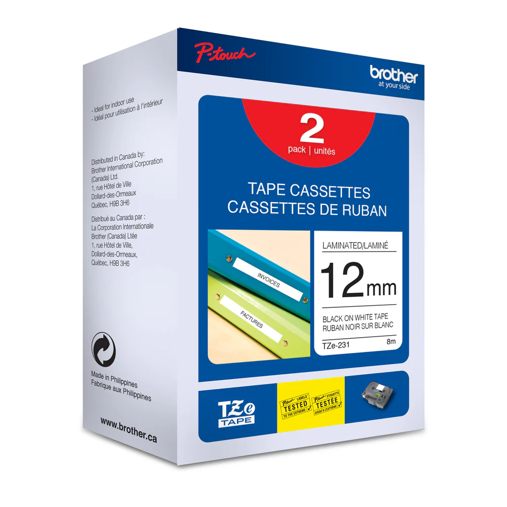 [BRTH-TZE2312PKG] P-Touch Cassettes de ruban laminé noir sur blanc pour étiquetteuse 12mm x 8m 2/Bte