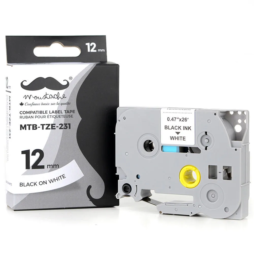 [MOU-MTB-TZE-231] Cassette de ruban laminé noir sur blanc compatible aux étiquetteuses Brother P-Touch 12mm x 8m