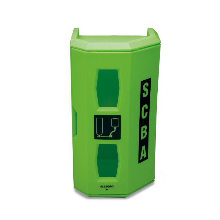 Heavy-duty wall-mounted case for single SCBA, high visibility, green