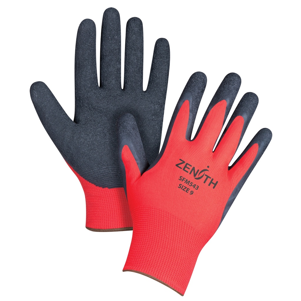 [ZEN-SFM543] Gants enduits à prise crêpée noir & rouge taille Grand/9 Polyester paume enduite de Latex de caoutchouc