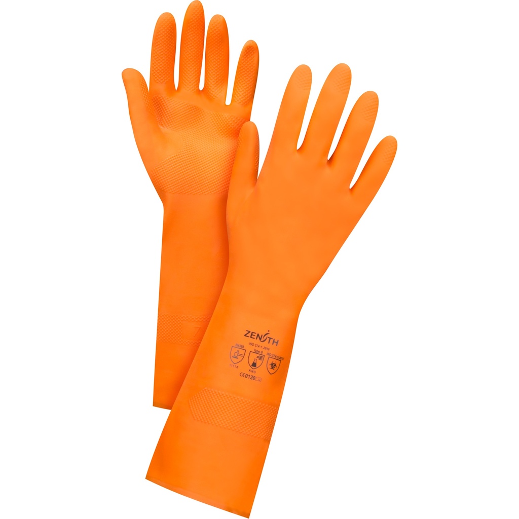 [ZEN-SHF704] Gants orange résistants aux produits chimiques taille 7 Latex poignet Droit doublure Ouatée