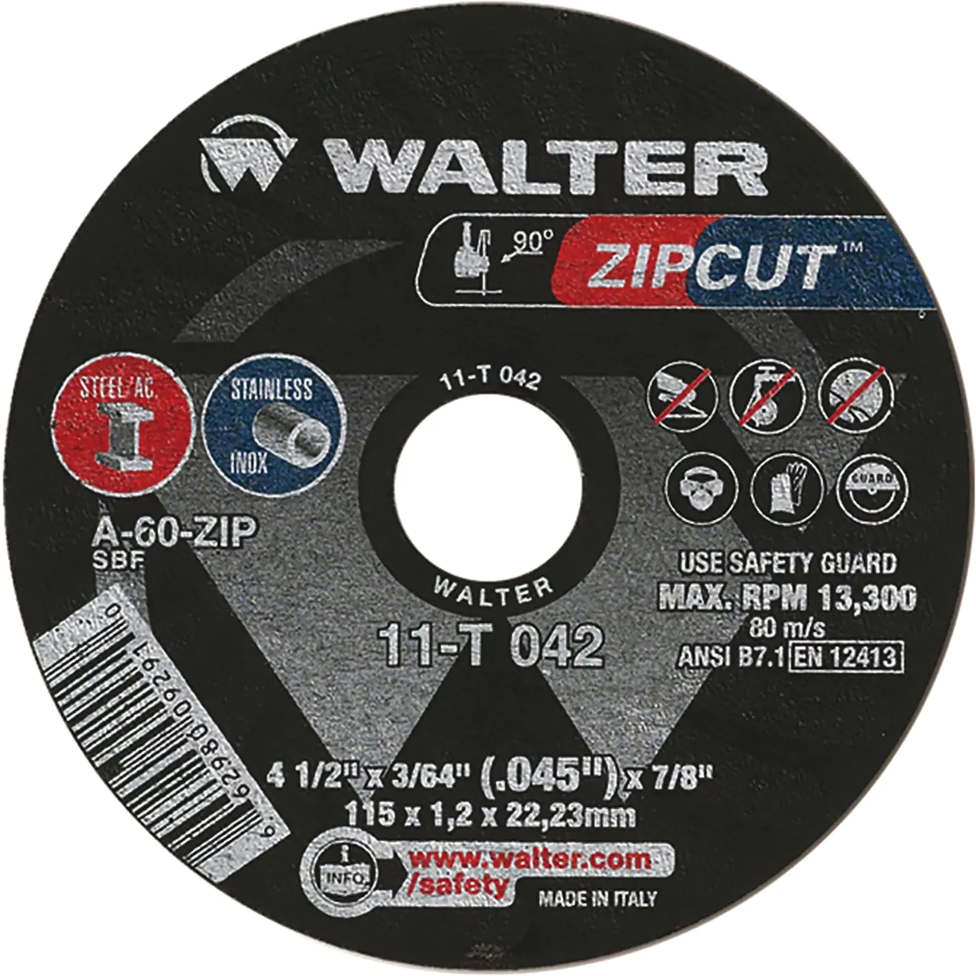 Zipcut Meule à tronçonner 4-1/2" x 3/64" arbre 7/8" type 1 oxyde d'aluminium 13 300 tr/min pour acier / inox